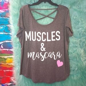 Just Be Free Gray and White Short Sleeve Graphic Muscles and Mascara Tee Size 1X
